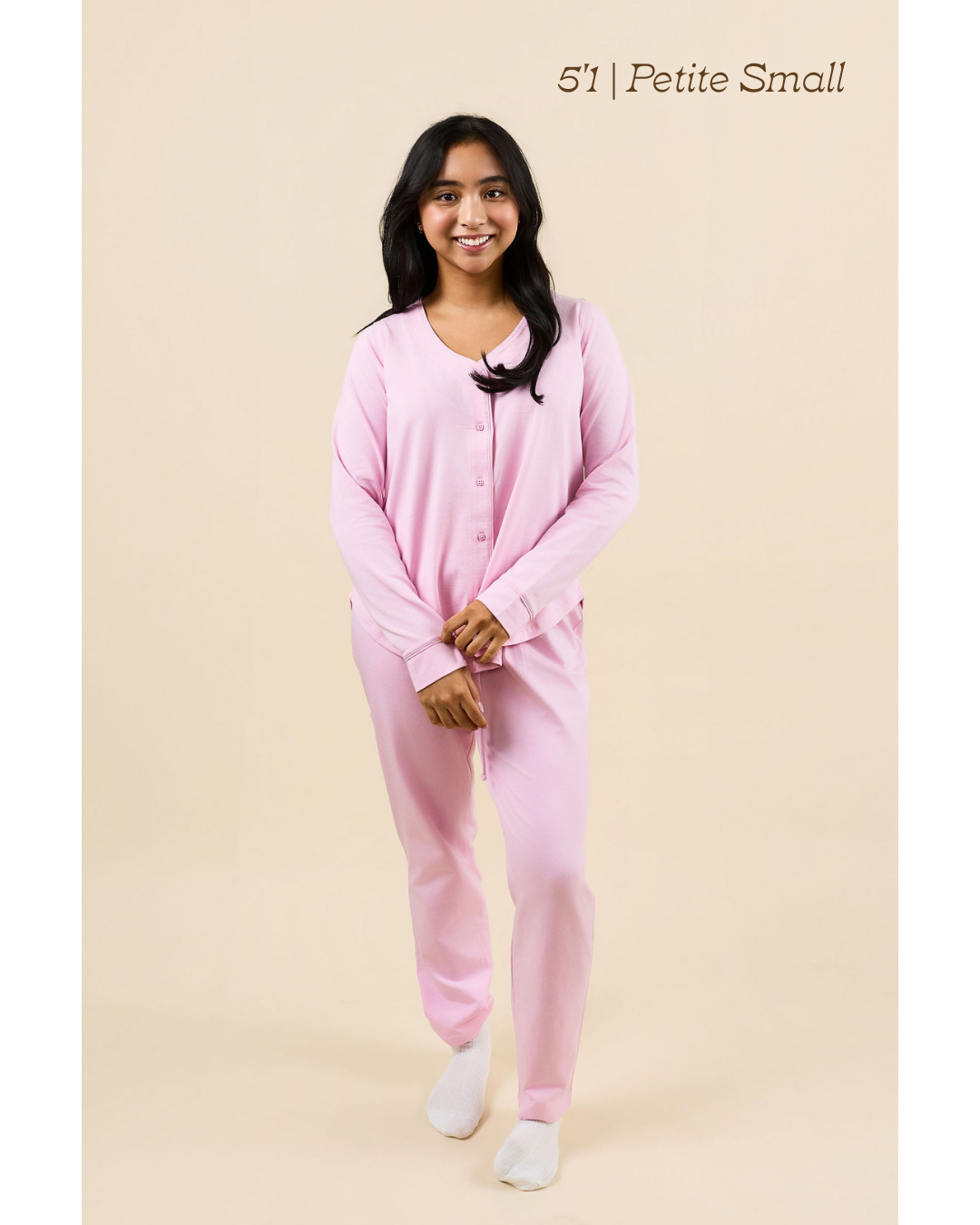 pink button down pajama set for short petite women under 5'3,