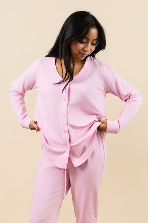pink button down pajama set for short petite women under 5'3, #color_lunar-petal
