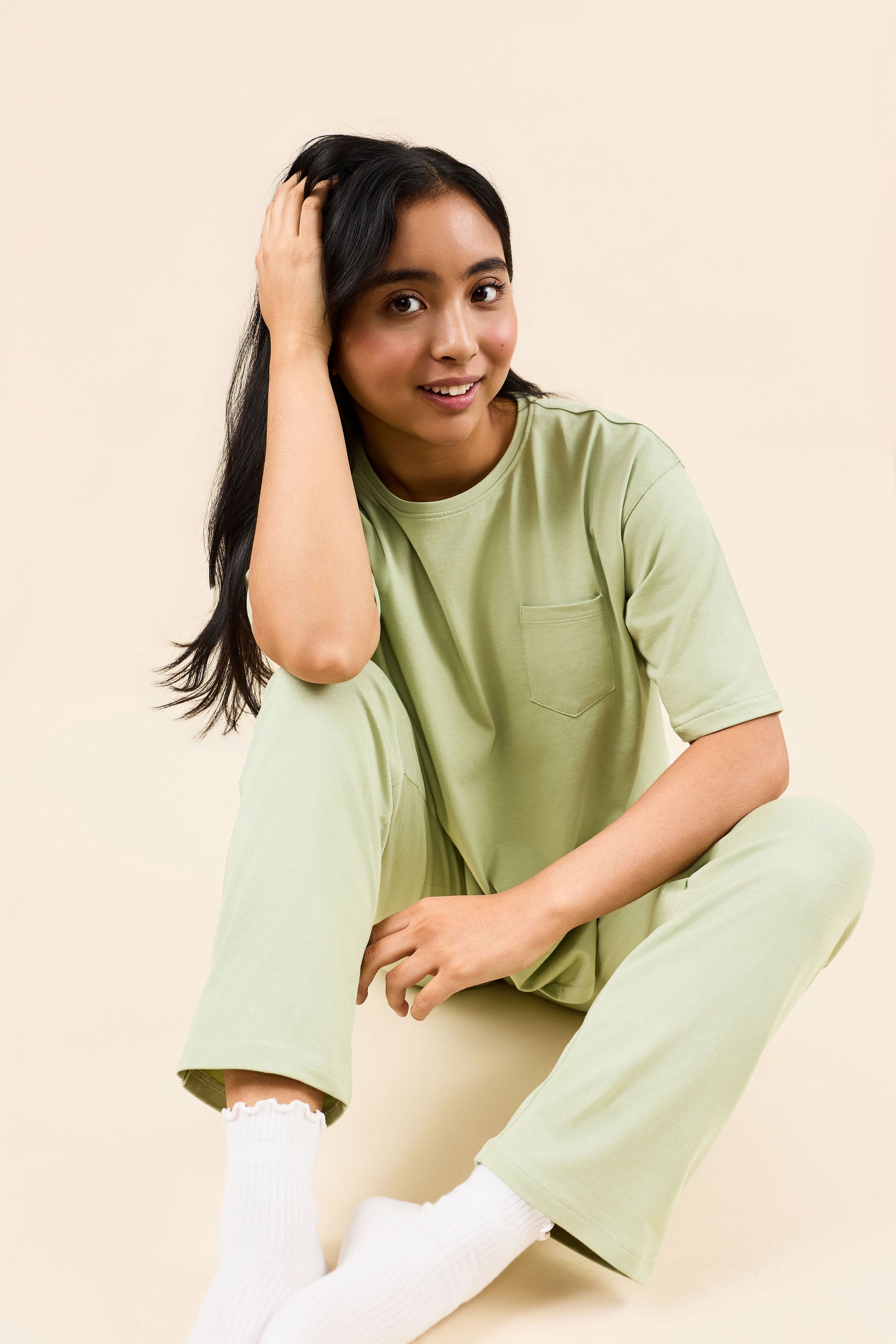 organic pima cotton sage boxy t-shirt pajama set for petite short women
