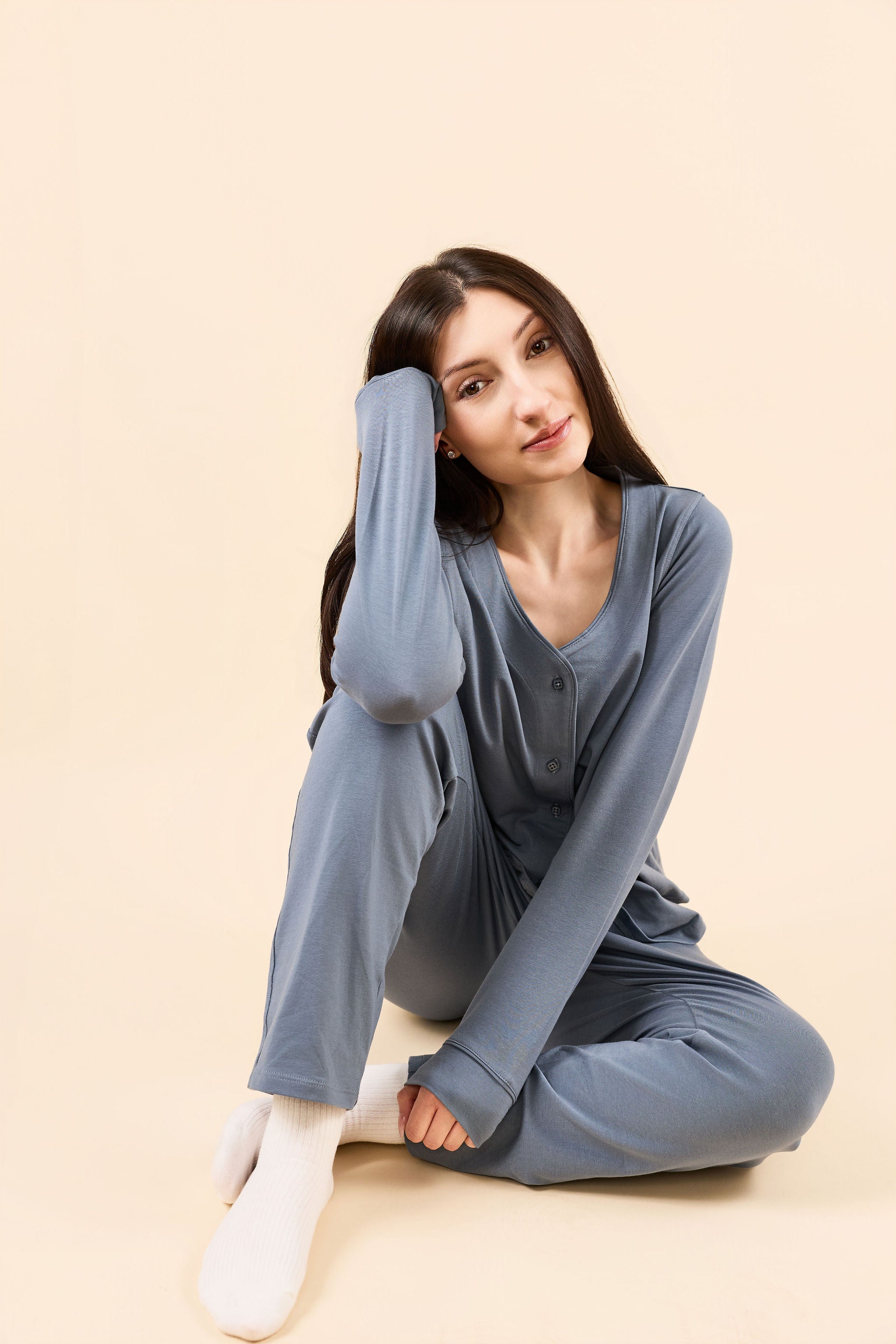 navy button down pajama set with tapered pant for short petite women under 5'3, #color_nebula